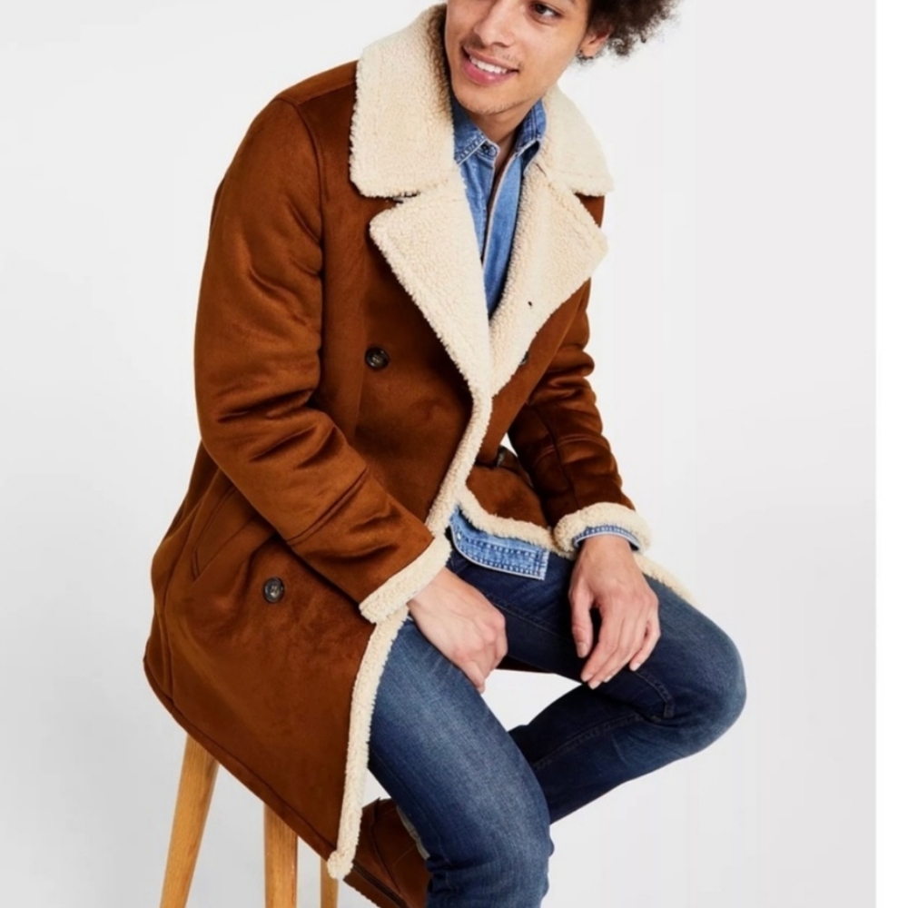 NWT Men"s Guess Double Breasted Faux Fur Shearling Coat - Picture 5 of 15